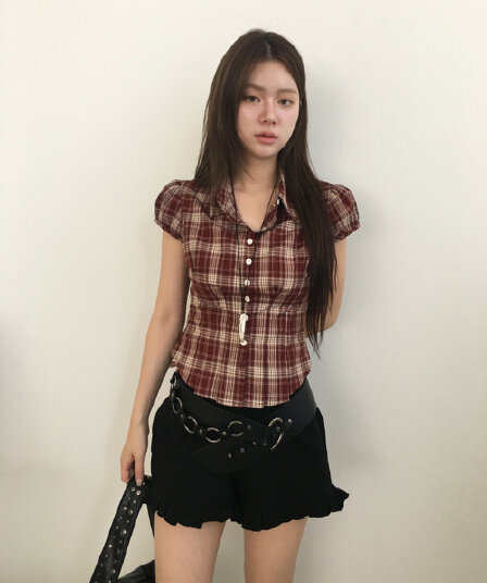 한국 chic 여름 허리 수축 싱글 줄 버튼 격자 무늬 셔츠