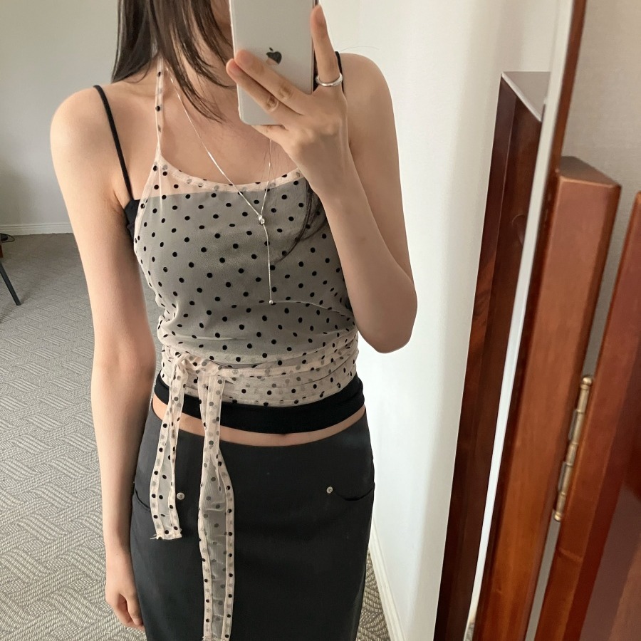 한국 chic 여름 행침 목 도트 무늬 스트랩 캐미솔