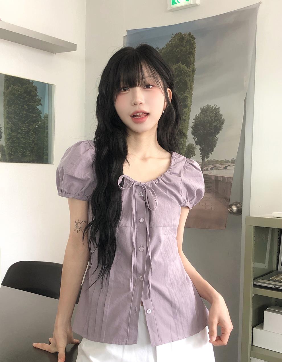 한국 ins 여름 싱글 줄 버튼 펌프 로프 스트랩 허리 수축 반팔 셔츠
