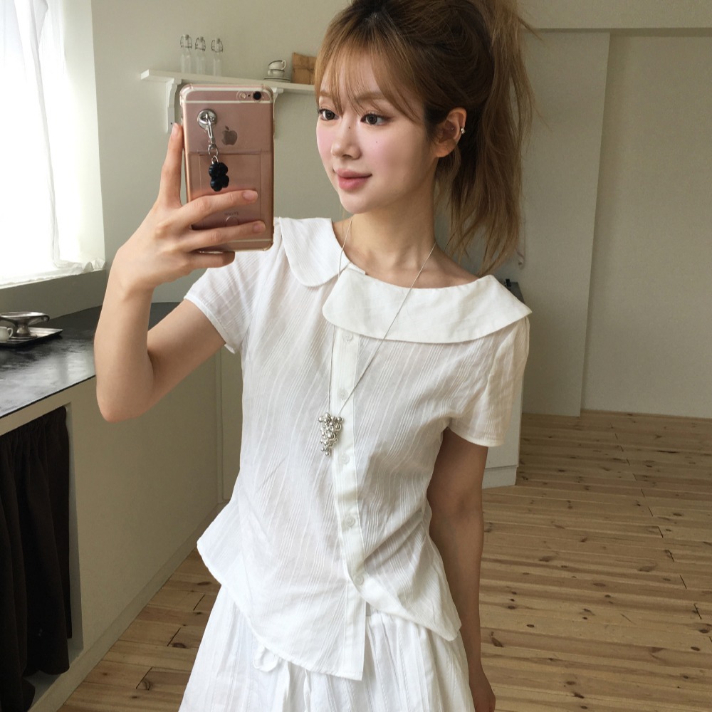 한국 chic 여름 디자인 센스 작은 심장 기계 베이비 칼라 언 로딩 버클 반팔 자카드 셔츠