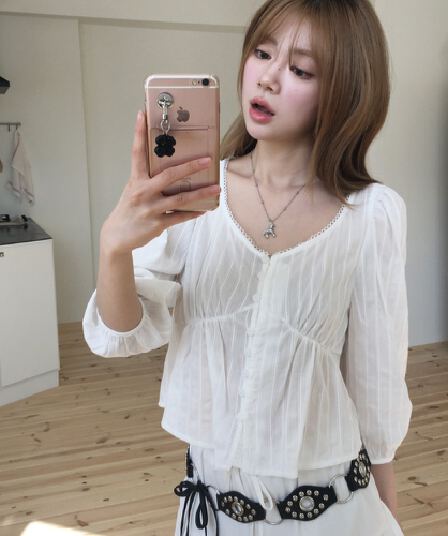 한국 chic 여름 V넥 싱글 줄 버튼 자카드 셔츠