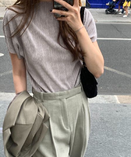 재고 있음 한국 chic 여름 플리츠 반팔 티셔츠 맨위