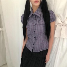 批发韩国chic夏日泡泡袖格子衬衫女短袖衬衣