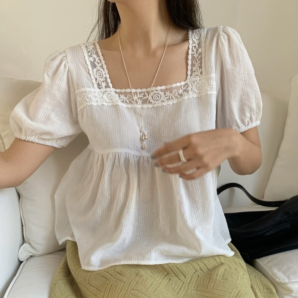 한국 ins 여름 광장 칼라 레이스 패치워크 구덩이 기사 반팔 셔츠