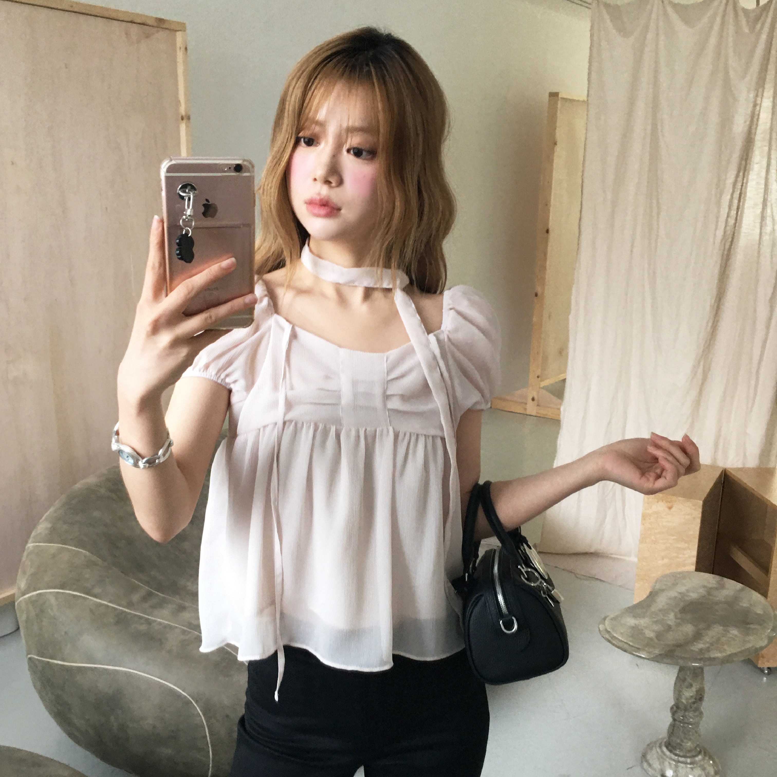 한국 ins 여름 품격 광장 칼라 리본 반팔 쉬폰 블라우스