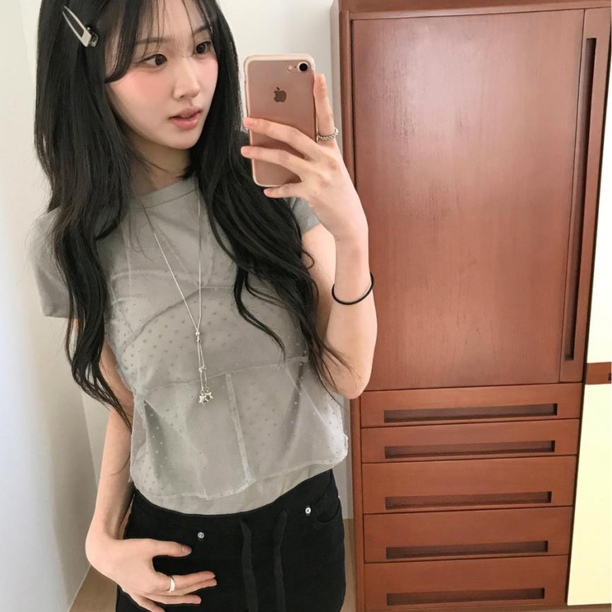 한국 ins 여름 새로운 실 인터넷 도트 슬립 라운드 넥 반팔 투피스 세트 티셔츠 여성