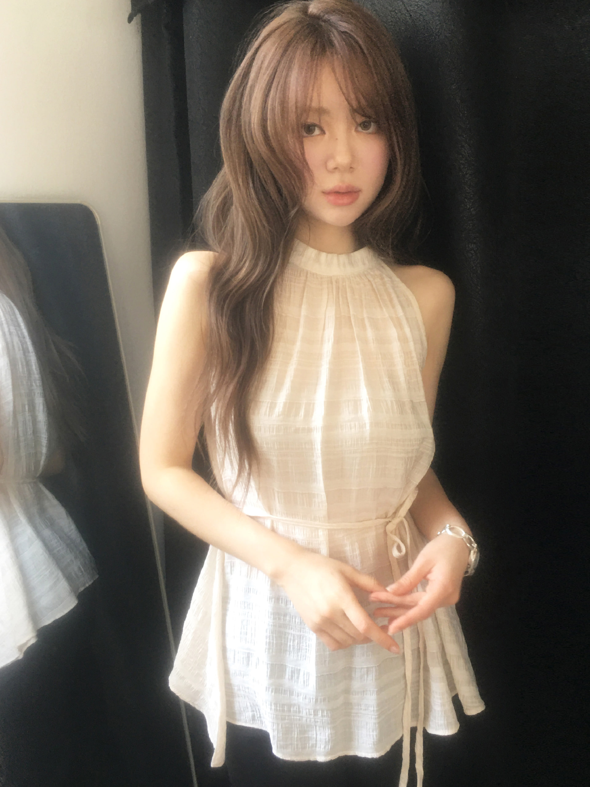 한국 ins 여름 행침 목 민소매 스트랩 허리 수축 드레스