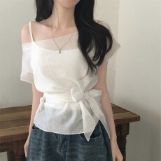 批发韩国ins夏日一字肩肌理感天丝绑带收腰短袖<b class='q'>衬衫</b>上衣