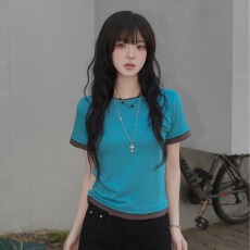 批发韩国ins 夏日 学生 设计感 撞色 短袖<b class='q'>T</b><b class='q'>恤</b>