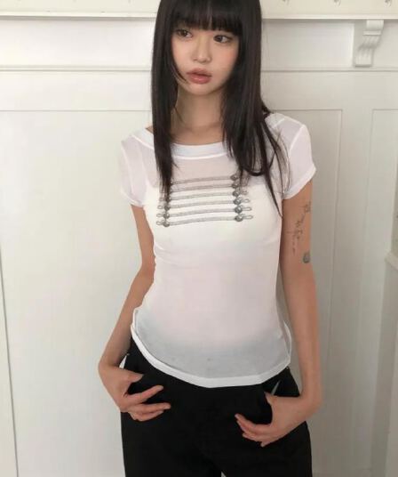 한국 ins 여름 보트 칼라 프린트 마이크로 ~을 통해 몸매 가꾸기 슬림해 보이는 반팔 티셔츠
