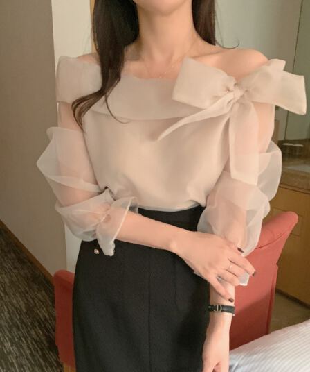 재고 있음 한국 chic 이른 가을 품격 오프숄더 나비 매듭 만나는 인사이드 가져 가라. 망사 맨위 있음 안감