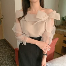 批发有货 <b class='q'>韩国</b>chic早秋 气质一字肩 蝴蝶结 打底内搭网纱上衣 有内衬