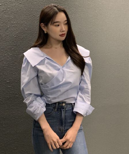 재고 있음 한국 chic 이른 가을 디자인 센스 V넥 플리츠 긴팔 여성 셔츠 화이트 셔츠