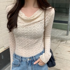 批发有货 <b class='q'>韩国</b>ins早秋女人味荡领小心机打底衫修身显瘦长袖蕾丝衫