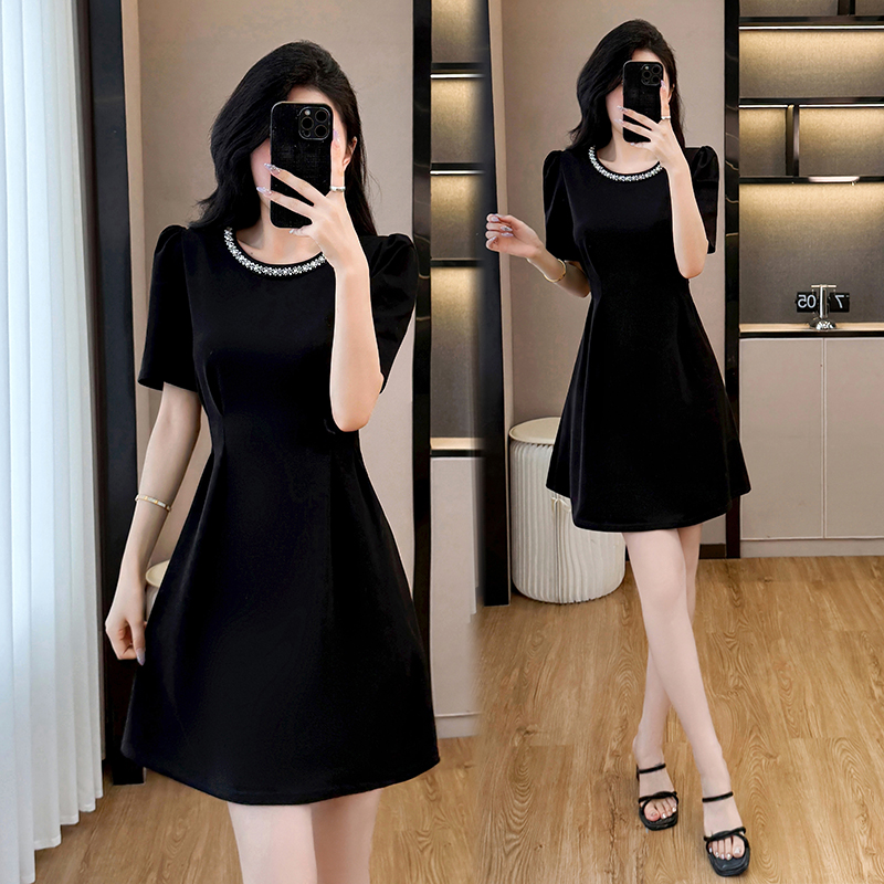 MY12340# 夏季新款胖mm大码女装赫本风气质时尚黑色显瘦连衣裙女裝貨源服裝批發