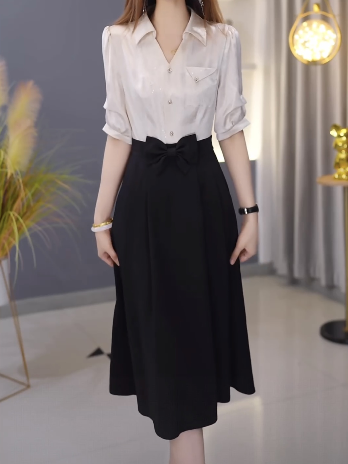 RY149# 拼接修身显瘦休闲优雅长裙拼接假两件大码连衣裙