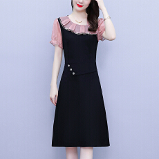 批发已出货 <b class='q'>大码</b>女装2026夏装新款胖mm荷叶边<b class='q'>雪纺</b>拼接修身显瘦连衣裙