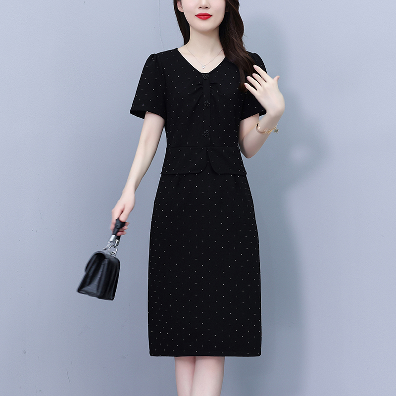 RY1198#夏季新款黑色精纺烫金修身花朵装饰显瘦遮肉大码连衣裙