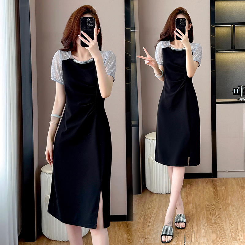 RY4003#胖mm新款钉珠时尚修身拼接洋气显瘦大码连衣裙夏季黑色开叉