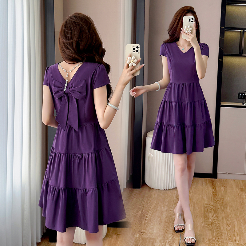 RY4000# 已出货 蝴蝶结修身显瘦洋气连衣裙拼接时尚款小个子大码裙子新款