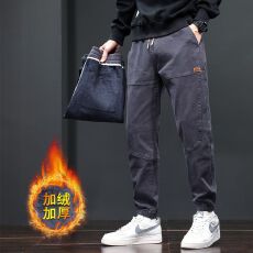 批发数据款2025冬季加绒休闲裤男拼接修身潮流百搭弹力运动松紧腰长裤
