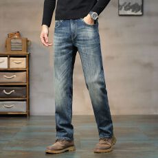 批发2025秋冬轻奢美式重工复古款水洗做旧牛仔裤潮男宽松直筒弹力长裤