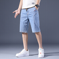 批发夏季牛仔短裤<b class='q'>男</b>松紧腰系带五分裤子拼接宽松直筒马裤工装哈伦中裤