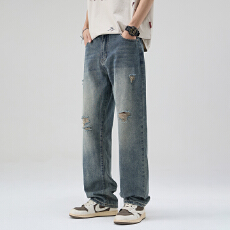 批发美式复古潮牌高街设计感个性破洞宽松百搭爆款牛仔长裤
