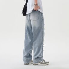 批发美式高街潮牌直筒宽松复古大面积破洞春夏<b class='q'>牛仔裤</b>男个性阔腿长裤潮