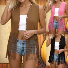 批发跨境外贸欧美新款2026复古民族风纯色设计感无袖流苏女士马甲开衫