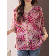 批发限价+12+小视频 2026新款时尚印花小衫宽松粉色v领T恤衫女夏季