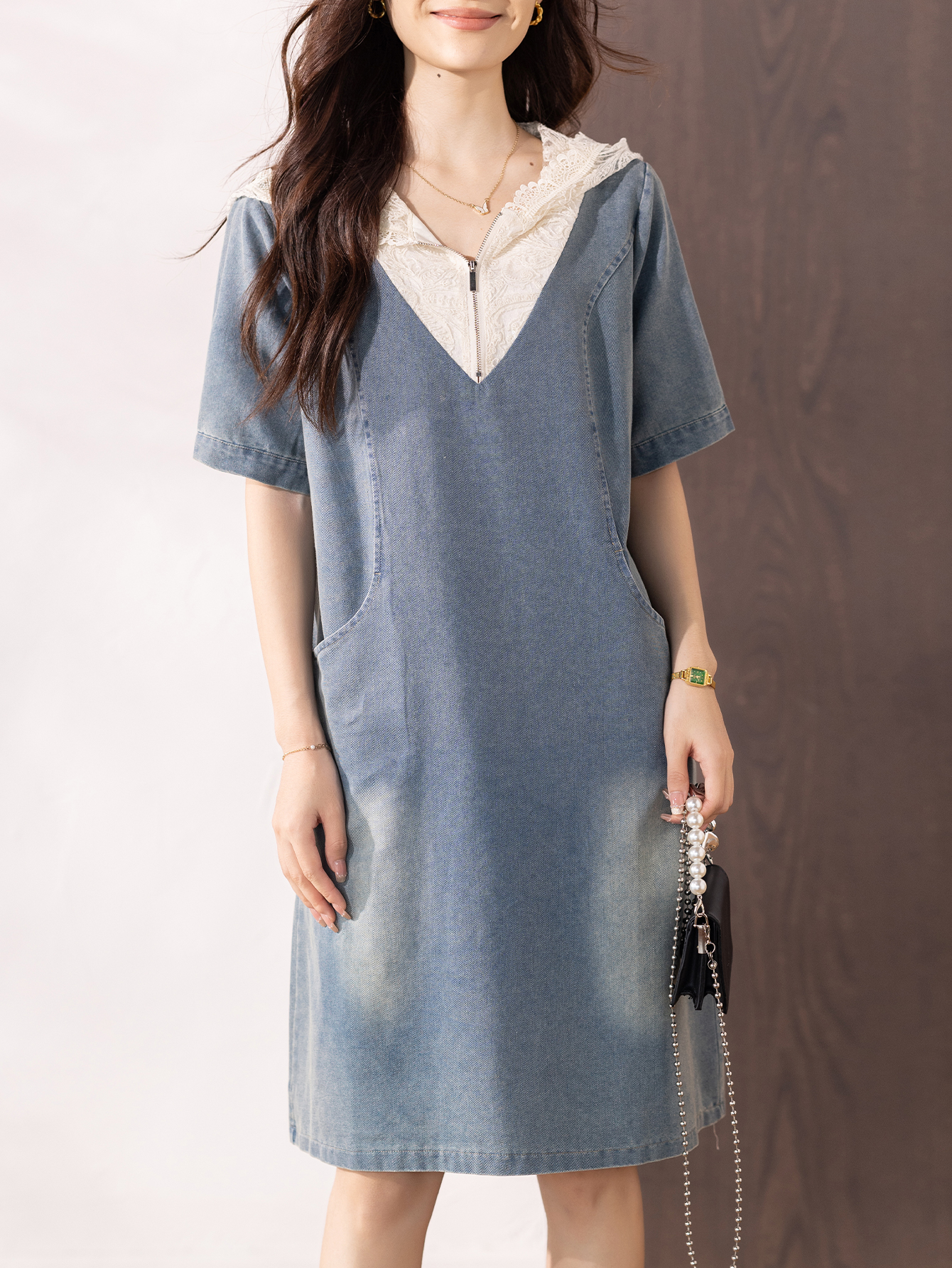 RY286# 宽松短袖连帽浅色牛仔裙子2026夏季新款连衣裙女