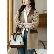 批发限价+12+小视频  休闲风衣女中长2026春秋新款拼色宽松显瘦外套