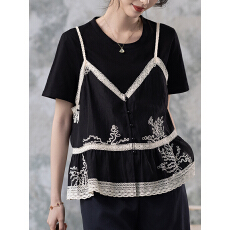 批发限价+12+小视频蕾丝拼接假两件短袖T恤2026夏季新款<b class='q'>胖</b>mm<b class='q'>显瘦</b>上衣