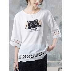 批发限价+12+小视频美式印花镂空正肩短袖T恤女<b class='q'>胖</b>MM<b class='q'>宽松</b>显瘦别致上衣