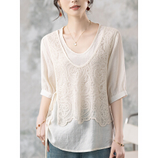 批发限价+12+小视频假两件别致蕾丝拼接<b class='q'>短袖</b><b class='q'>衬衫</b>女法式蕾丝马甲套装