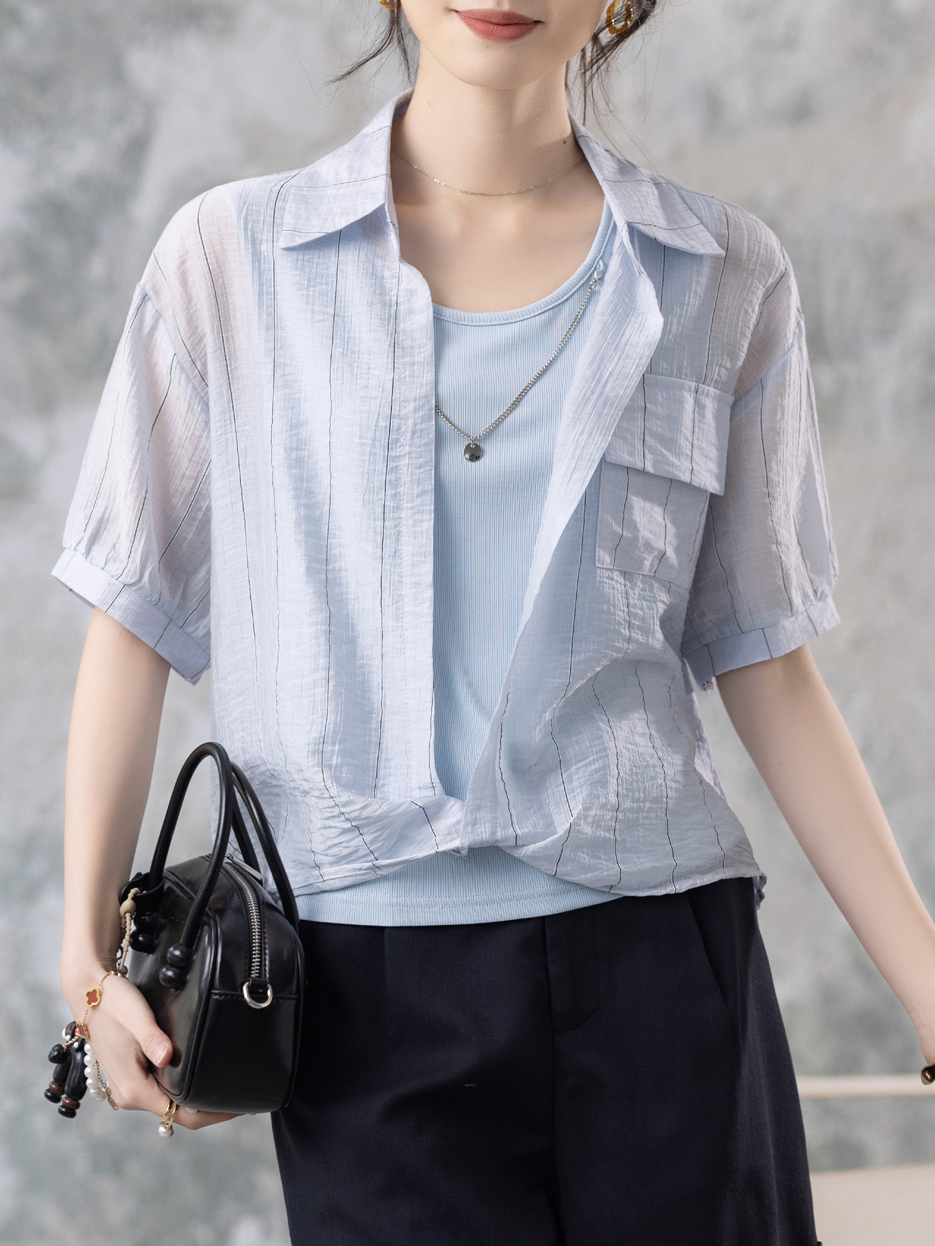 两件套蓝色短袖衬衫女夏新款背心...