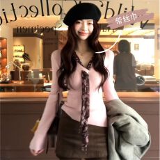 批发韩系穿搭粉色小香风v领针织毛衣女 内搭设计感温柔<b class='q'>长袖</b>上衣