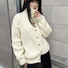 批发韩系穿搭白色高领毛衣开衫外套<b class='q'>女</b>秋冬宽松慵懒风巨好看针织衫上衣