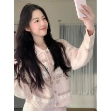 批发韩系甜美风针织开衫女秋季小狗提花<b class='q'>毛衣</b>外套设计感休闲短裙两件套