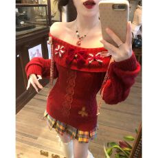 批发甜美圣诞新年<b class='q'>一字肩</b>红色针织毛衣女秋冬设计收腰宽松显瘦针织衫