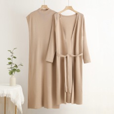 批发跨境时尚无袖背心连衣裙搭配长款长袖长袖开衫新款两件套