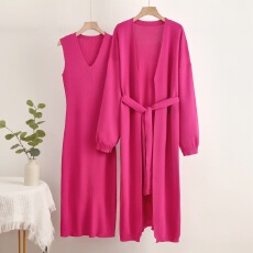 批发跨境 慵懒宽松针织套装女长款披肩开衫连衣裙两件套