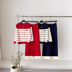 批发跨境 新款韩系圆领条纹字母刺绣慵懒高级感针织上衣阔腿裤两件套