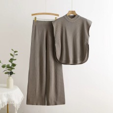 批发跨境 针织衫两件套女<b class='q'>夏季</b>韩版时尚宽松圆领开叉无袖上衣+高腰阔腿