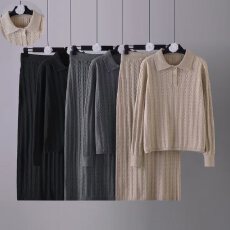 批发纯色简约高级感polo领针织麻花上衣直筒半身裙两件套