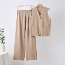 批发跨境时尚套装女夏季新款欧美无袖大扣子针织上衣直筒阔脚裤两件套