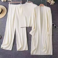 批发跨境 春秋新款慵懒气质针织套装无袖背心毛衣开衫裤子三件套