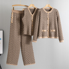 批发跨境复古套装女春秋小香风无袖针织背心开衫外套阔腿裤针织三件套