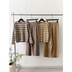 批发跨境 时尚百搭圆领刺绣条纹针织开衫套装女气质外套阔腿裤两件套